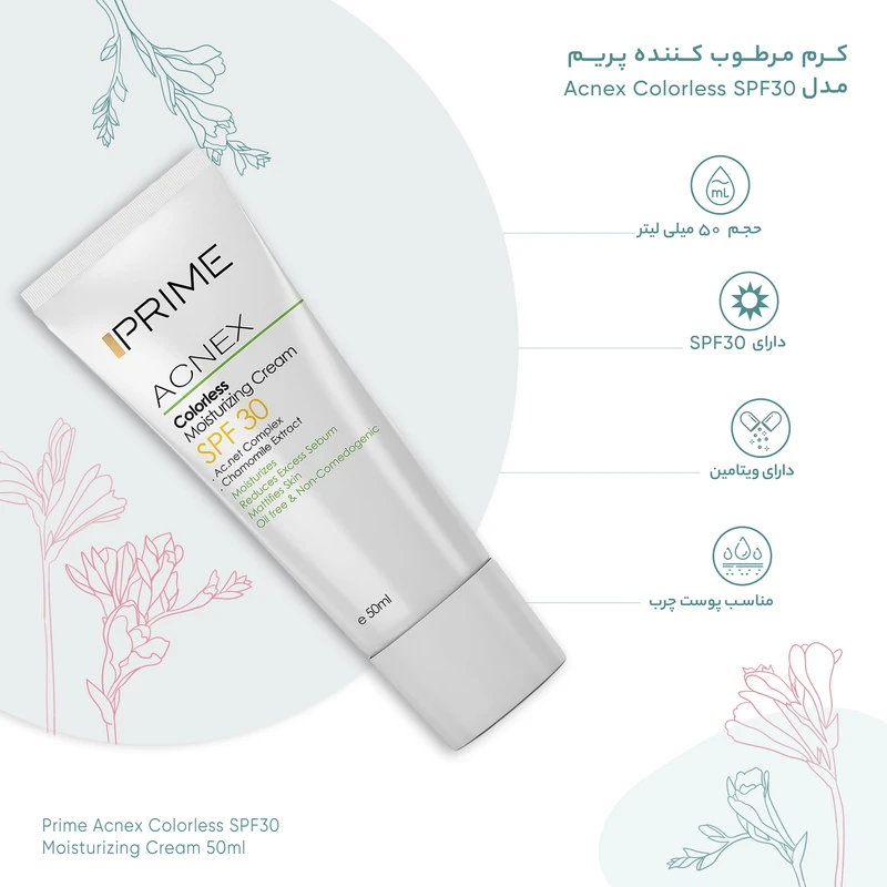کرم مرطوب‌کننده صورت پرایم مدل Acnex مخصوص پوست چرب با SPF 30، تنظیم ترشح چربی پوست، ضد جوش و آکنه، مناسب مصرف تمام سنین، حجم 50 میلی‌لیتری